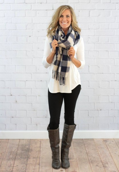 Long sleeve t-shirt with a gray and white checkered scarf and knee-high boots