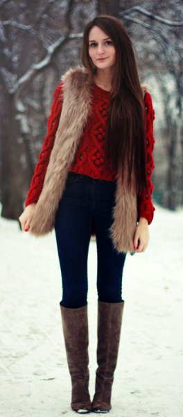 Long brown vest with green cable knit sweater and gray open toe knee high boots