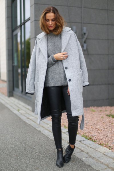 Long wool boyfriend coat with sweater and black leather leggings