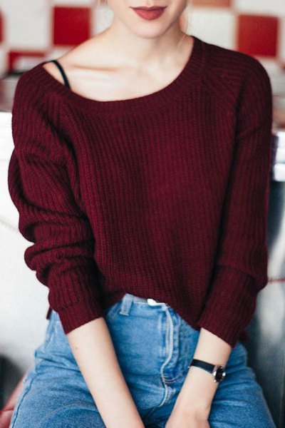 Maroon ribbed boat neck sweater, black cami top with spaghetti
straps and mom jeans