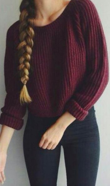 Maroon grosgrain sweater paired with dark blue super skinny jeans