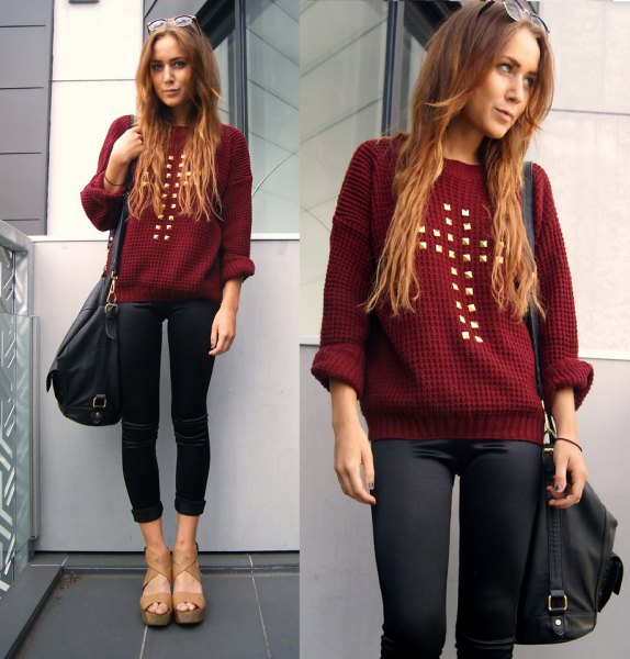 Pair with a maroon studded sweater and black coated cuffed skinny jeans to complement