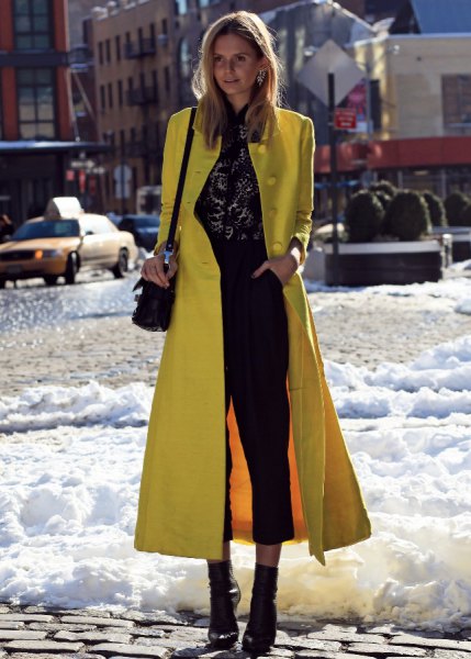 Lemon yellow wool maxi slim fit coat with black cropped jeans and boots