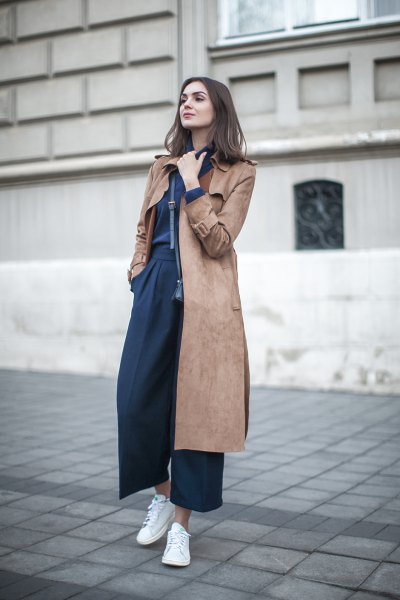 Midi-length taupe suede coat with navy wide-leg pants