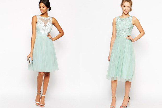 Mint green pleated midi length bridesmaid dress with white open heels