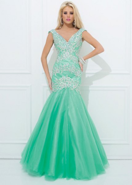 Mint green fishtail maxi dress with sequins and chiffon