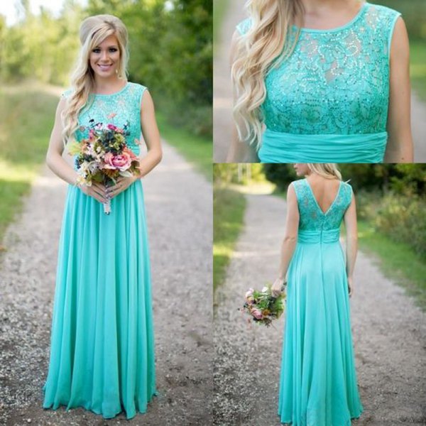 Mint green sleeveless pleated lace and chiffon maxi bridesmaid dress