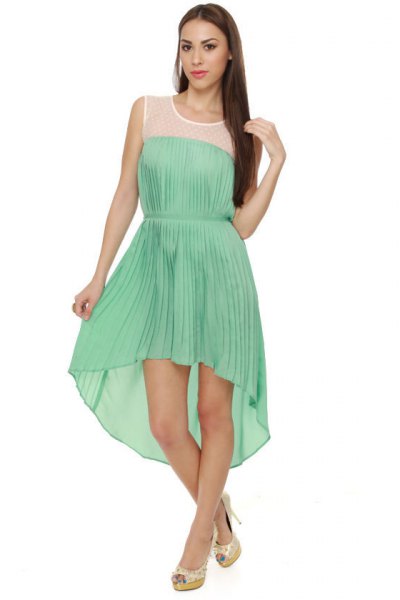 Mint green sleeveless pleated high-low midi scoop dress
