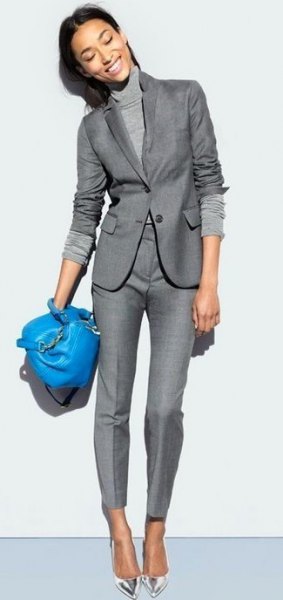 Knitted turtleneck sweater, gray blazer and matching pants