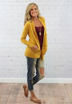 Mustard yellow casual cardigan with gray scoop neck tank top