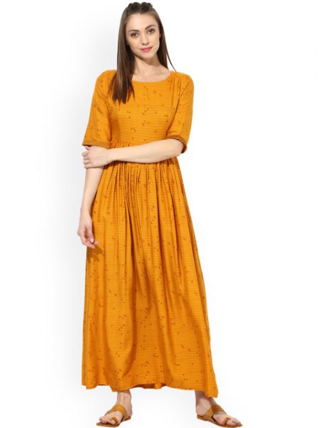 Mustard yellow pleated relaxed fit maxi dress with half sleeves