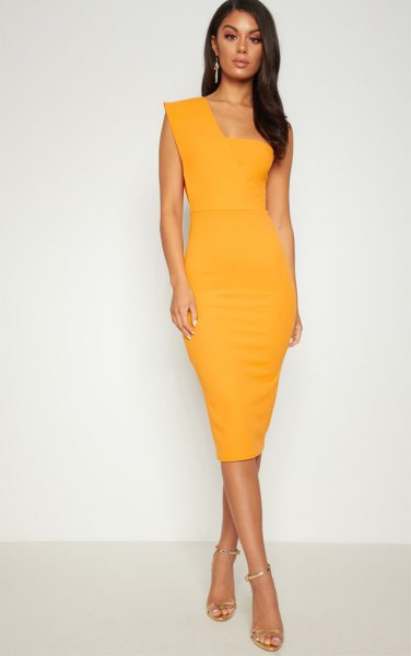 Mustard yellow bodycon midi length one shoulder dress with open toe heels