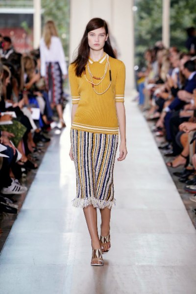 Mustard yellow slim fit polo shirt with tribal striped midi skirt