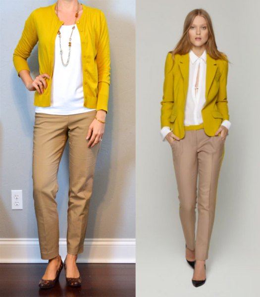 mustard yellow sweater cardigan with white blouse and beige chinos