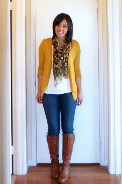 Mustard yellow sweater cardigan with white t-shirt and silk fringed scarf