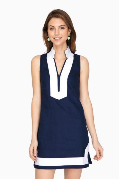 Navy blue and white high neck tunic dress