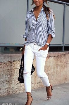 Navy blue and white striped button down shirt and ripped white
skinny jeans