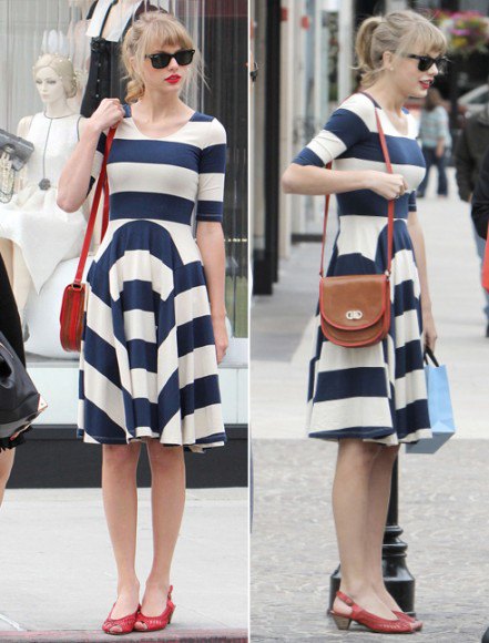 Navy blue and white wide striped fit and flare dress with red open toe kitten heels