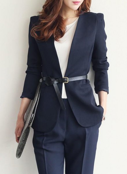 Navy blue belted blazer with matching chinos