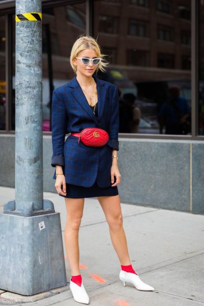 Navy blue blazer with black mini dress and white short kitten heel leather boots