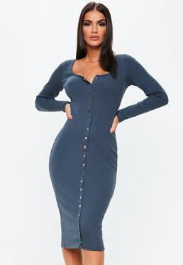 Navy blue long sleeve bodycon dress with buttons