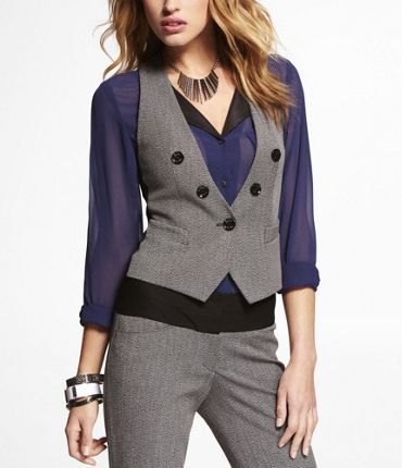 Navy blue chiffon blouse with gray slim fit cropped waistcoat