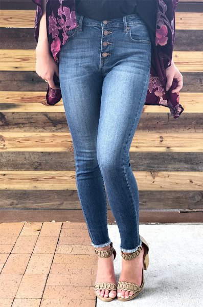Navy blue chiffon blouse with slim button-down jeans