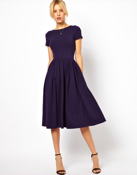 Navy fit and flare midi dress with short sleeves and matching open toe heels