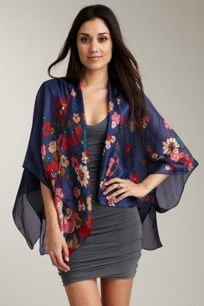 Navy floral printed chiffon cardigan with gray scoop neck bodycon dress