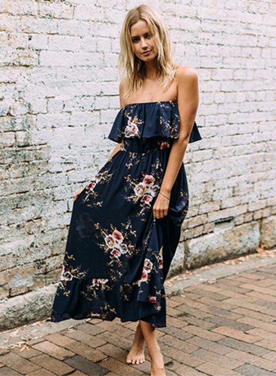 Navy blue floral print maxi dress with ruffle detail at shoulder
