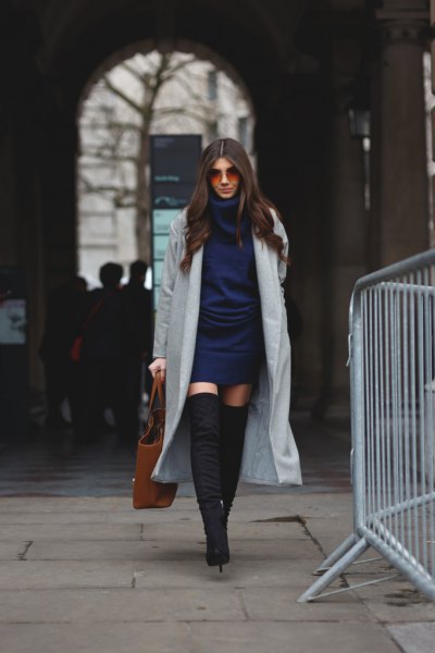 Navy blue knit dress with gray maxi blazer and thigh high boots