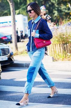 Navy blue knit sweater with attached boyfriend jeans and cap toe shoes