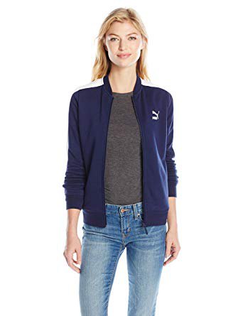 Navy blue Puma sport jacket with gray t-shirt and skinny jeans
