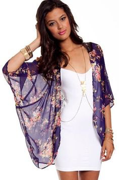 Navy blue floral sheer cape and white mini dress