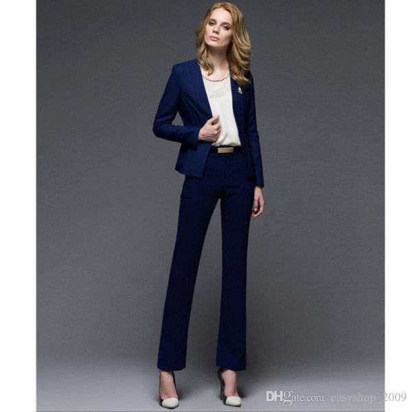 Navy blue slim fit blazer with chiffon bodice and straight fit suit trousers