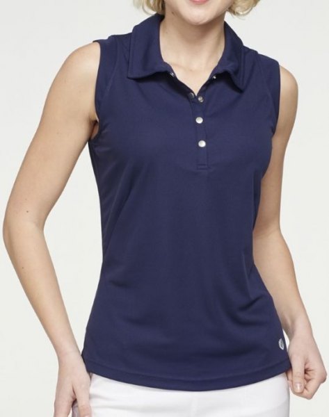 Navy blue slim fitting sleeveless polo shirt with white pants