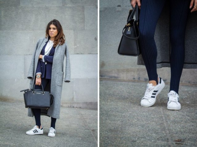 dark blue suit jacket with matching striped leggings and sneakers