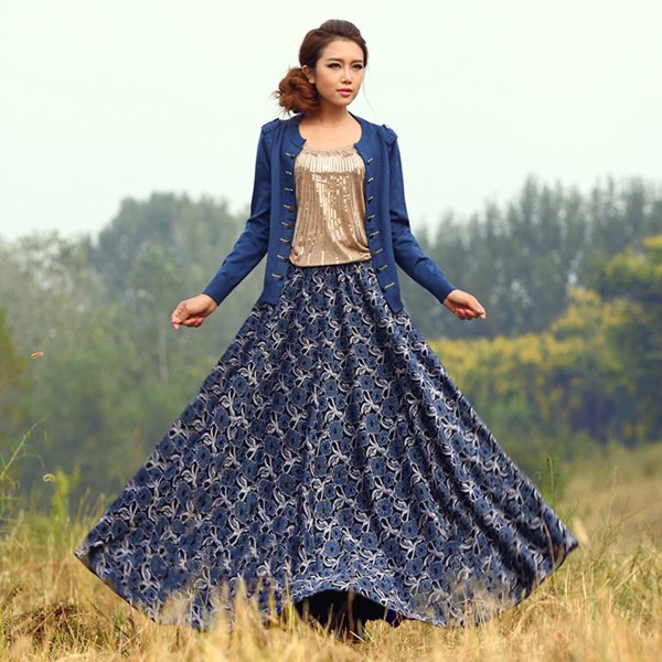 Navy blue tribal print flared maxi skirt with cardigan