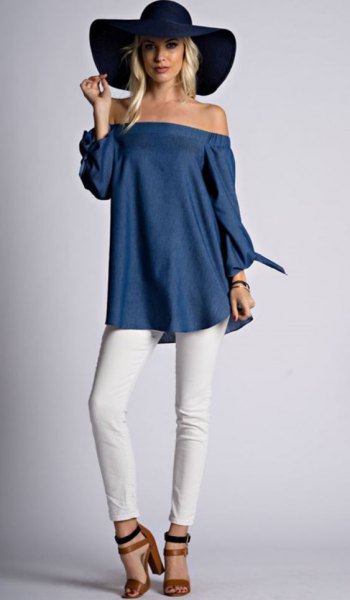 Navy blue off the shoulder tunic blouse with a black slouch hat