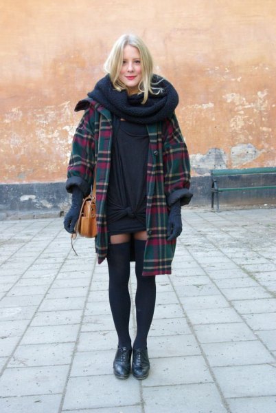 Navy blue plaid long coat with infinity scarf