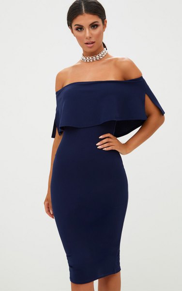 Strapless bodycon midi dress with silver necklace