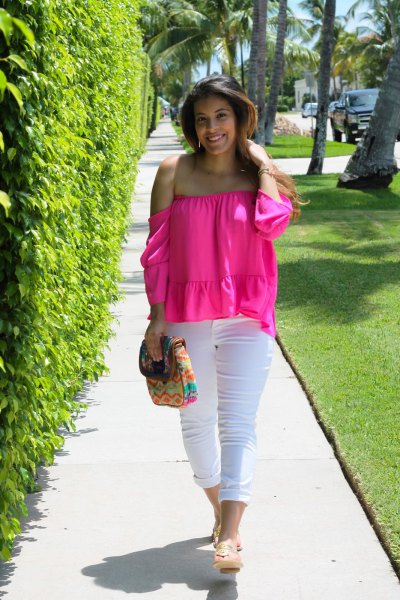Off the shoulder chiffon blouse with cuffed white jeans