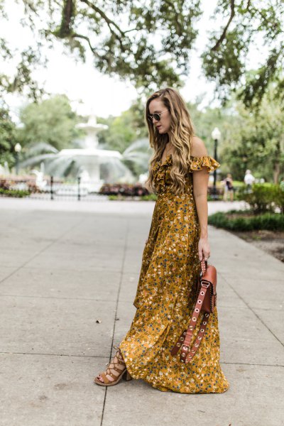 Off-the-shoulder, floor-length dress with a floral print