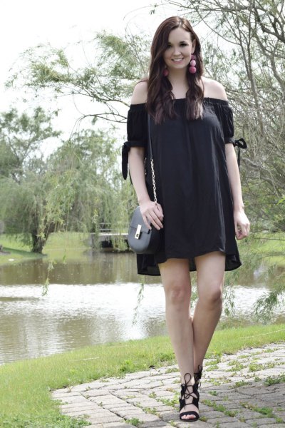 Strapless mini sheath dress with black lace-up sandals