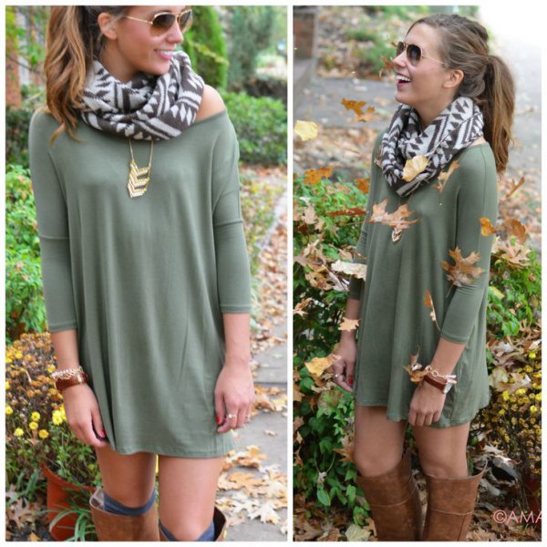 Off-the-shoulder mini sheath dress with a green and white printed wool scarf