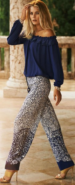 Off the shoulder navy blue blouse with printed loose fitting
pants