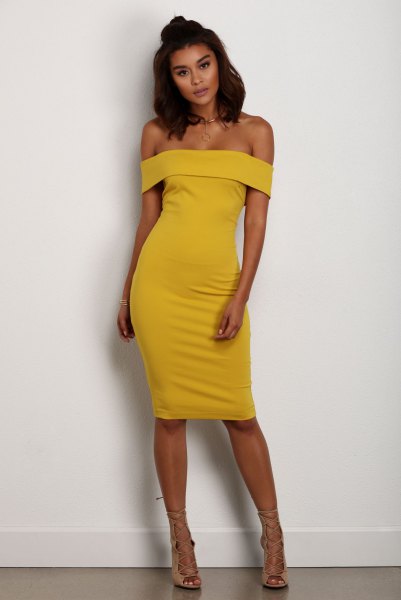 Off the shoulder yellow midi dress with light pink strappy open toe heels
