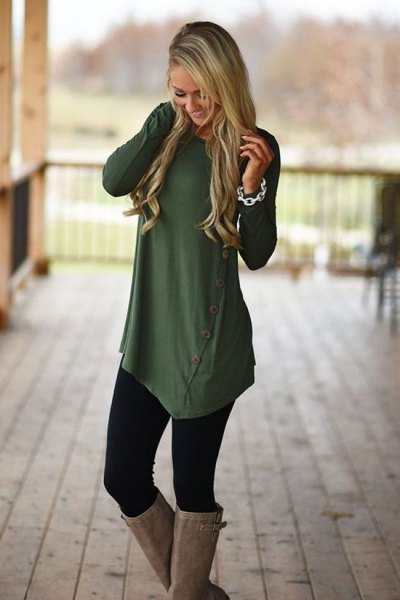 Olive green asymmetric button down long shirt with leggings and knee high boots