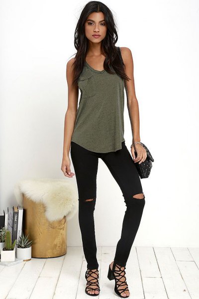 Pair with an olive tank top and ripped black skinny jeans to complement