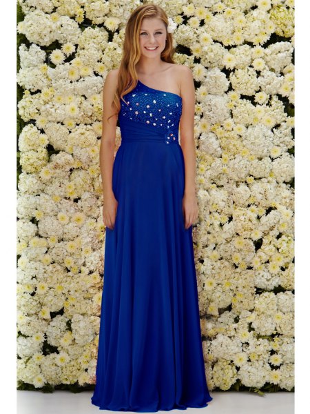 One shoulder royal blue formal dress with open toes and white heels